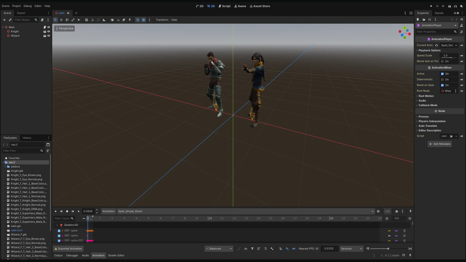The Godot editor with both characters in the scene and the wizard's Spell_Simple_Shoot open in the Animation panel, its tracks on the Skeleton3D's bones