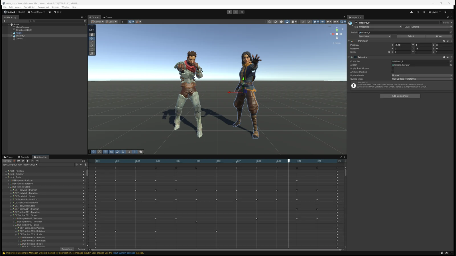 The Unity Editor with both characters in the scene and the wizard's Spell_Simple_Shoot in the Animation window, a track on every bone