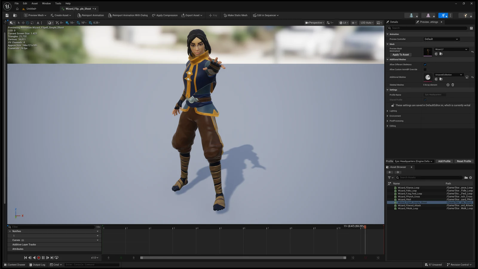 The Unreal Editor with the wizard's Spell_Simple_Shoot open in the animation editor, Manny's bone names in the skeleton tree