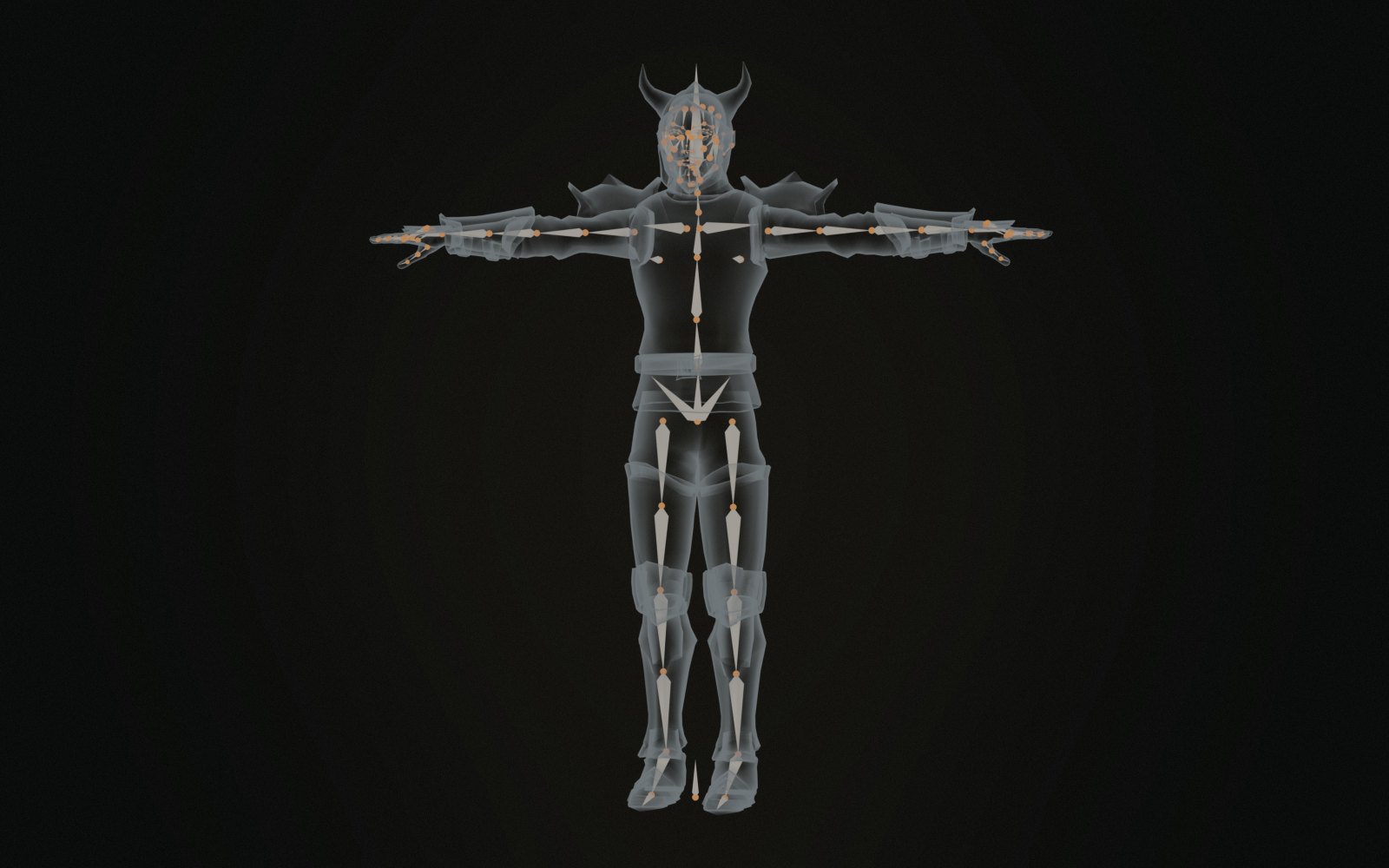 The warrior drawn see-through, with the exported game skeleton inside him and its bone names
