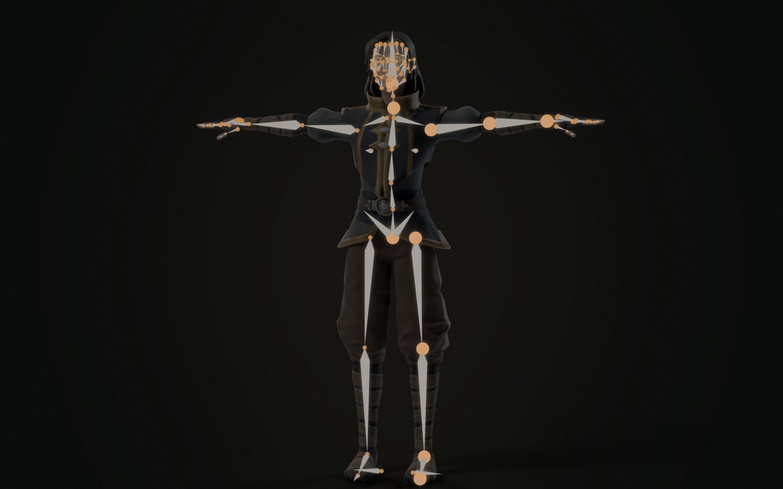 The same wizard with Smart Fit's skeleton on her: cream bones, orange joints and markers