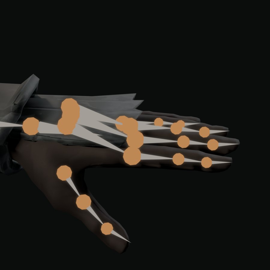 The same hand with a bone in every finger joint and the thumb