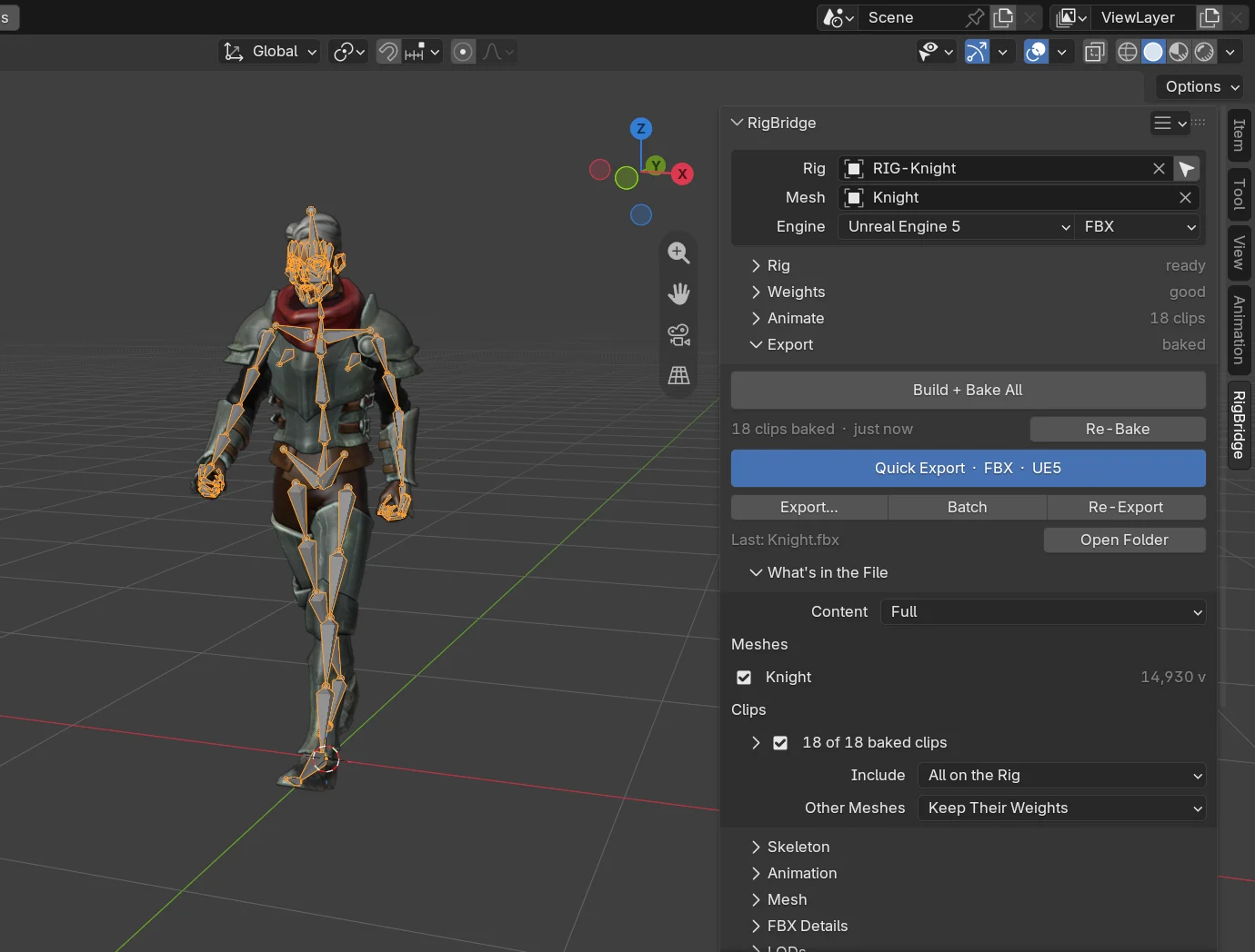 The panel after Quick Export: Knight.fbx written