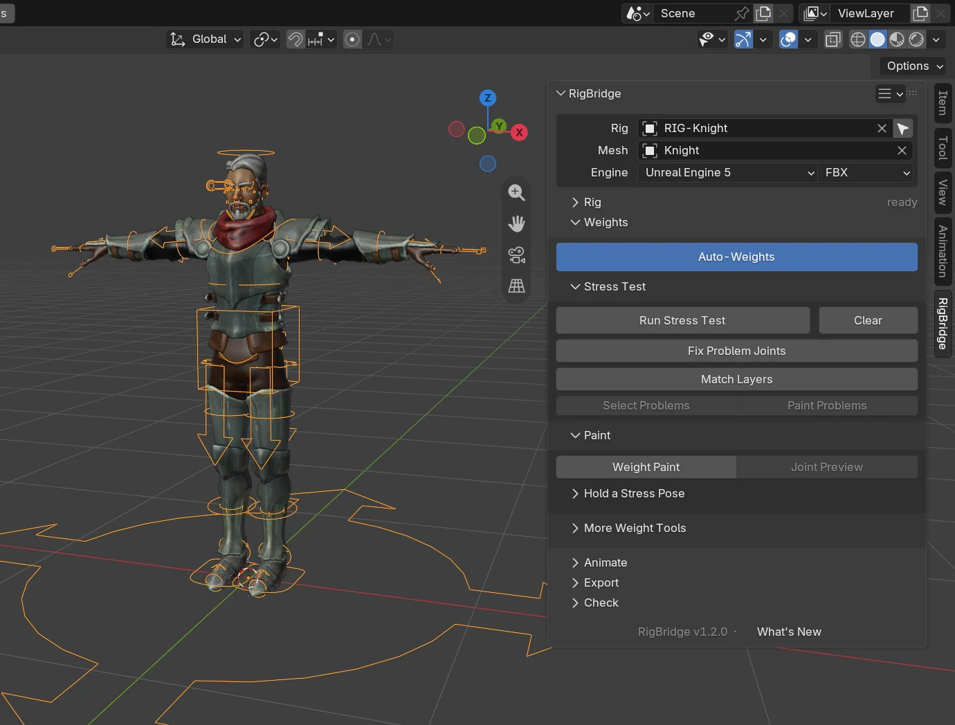 The panel after Generate Rig: the knight's rig at the top and Auto-Weights next