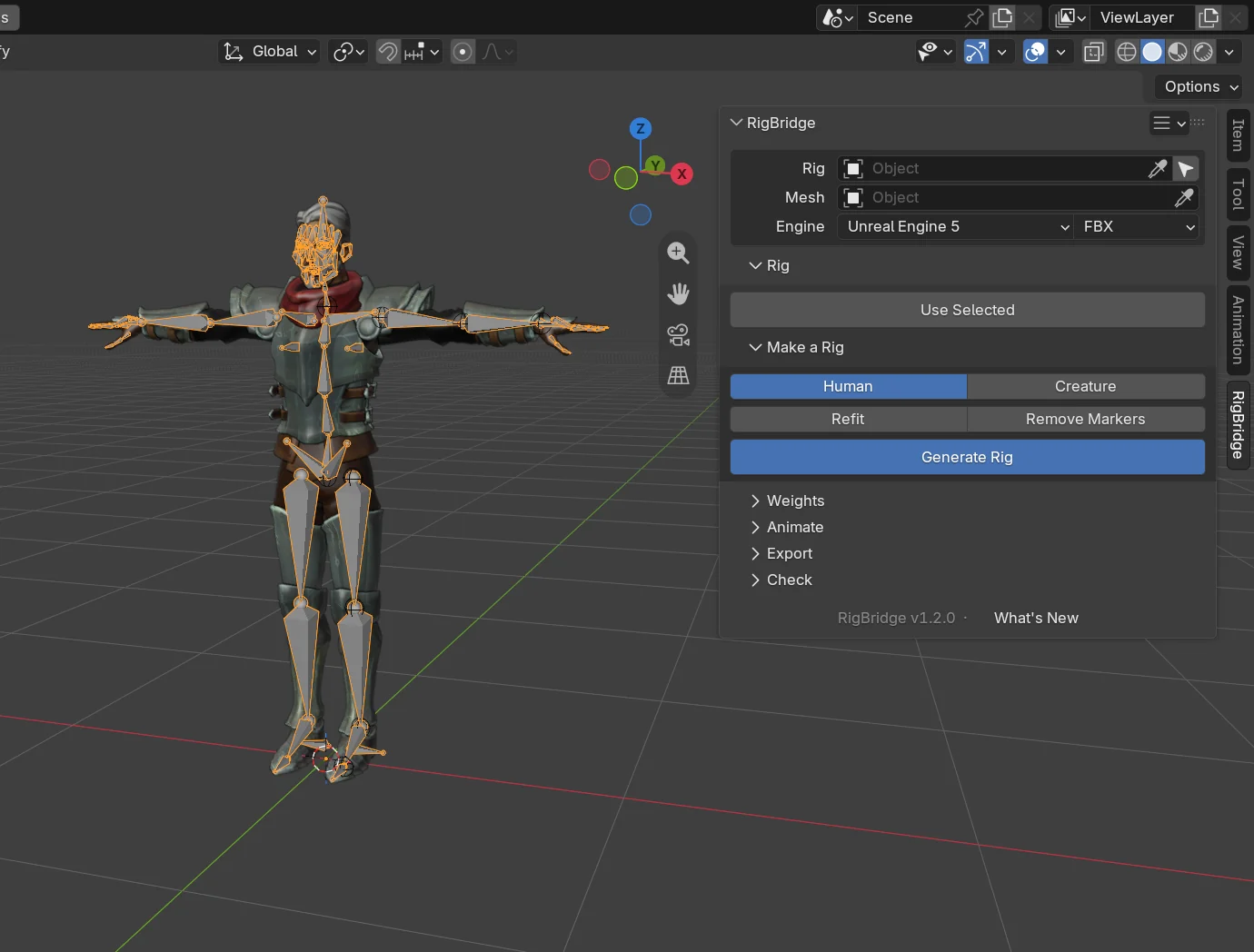 The panel with the fitted metarig, Generate Rig next