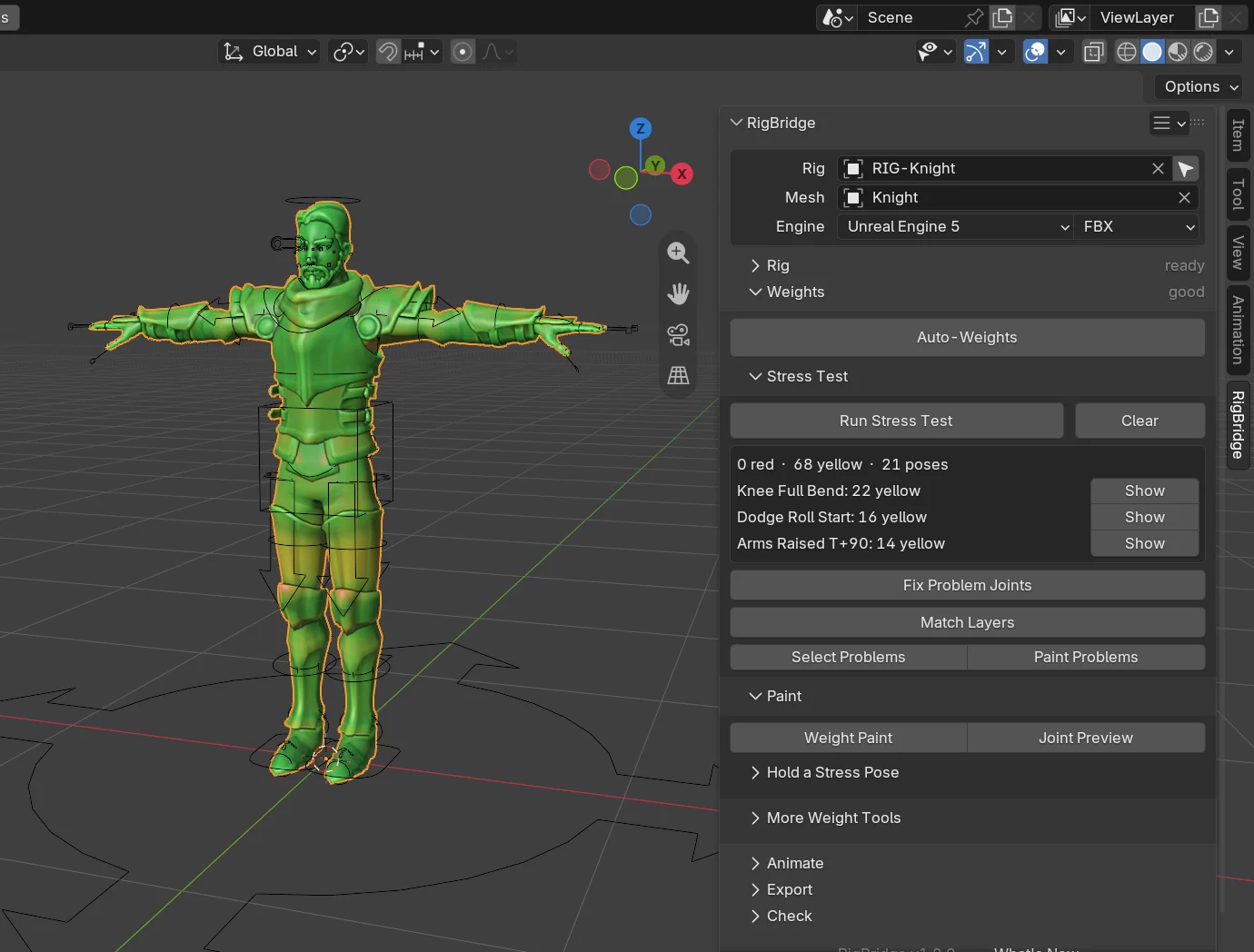 The stress test after Auto-Weights: 0 red, the knight painted green and yellow
