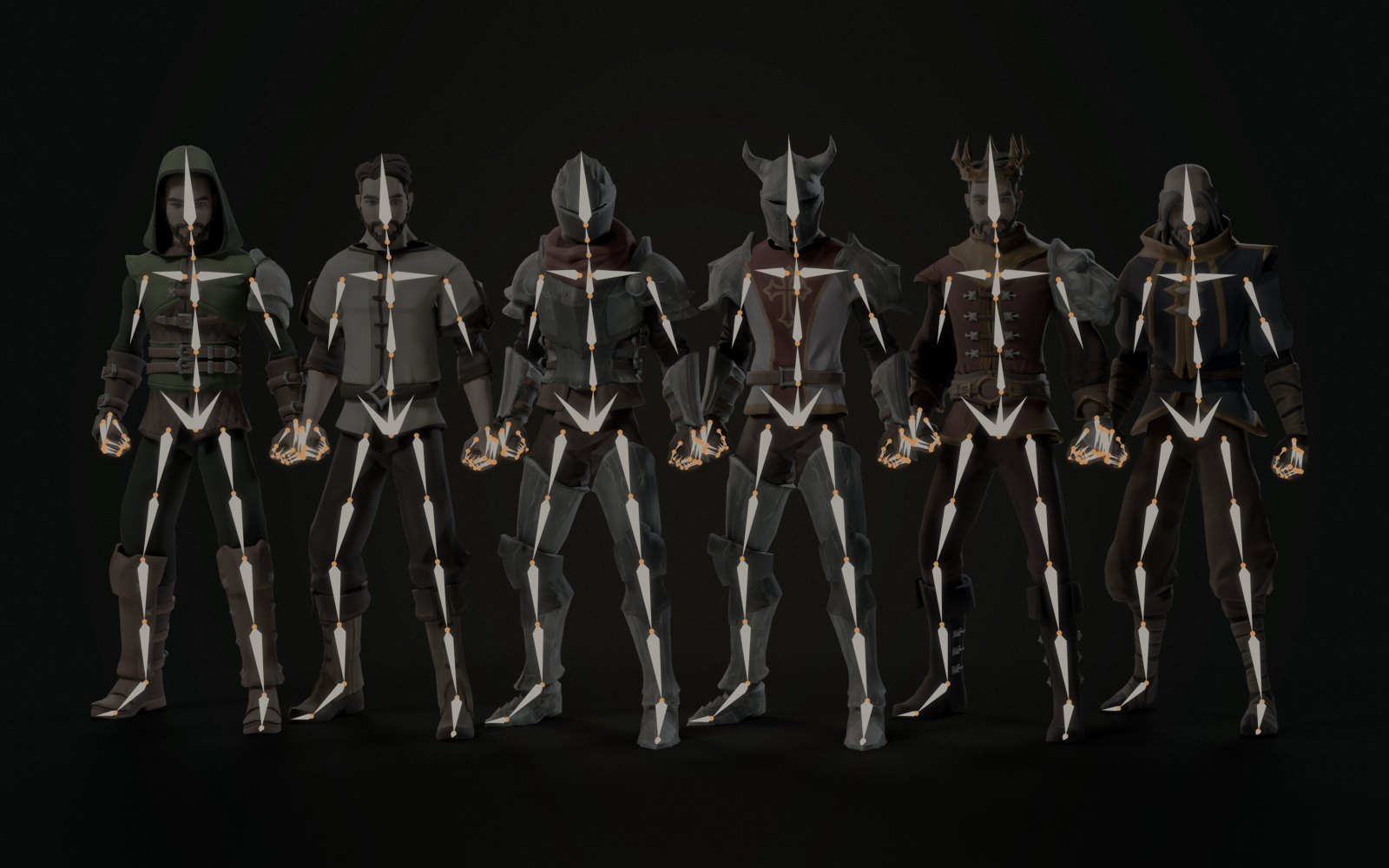 The same six men with their skeletons glowing inside them