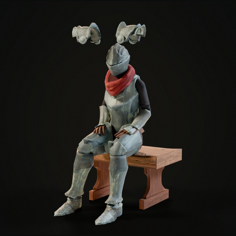 The knight sitting on a bench with Blender's automatic weights: her pauldrons hang in the air above her