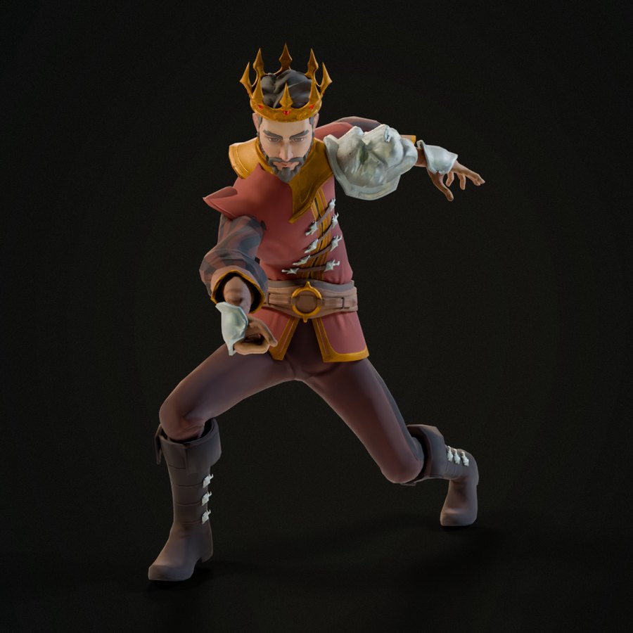 The noble mid lunge with Blender's automatic weights: his lion pauldron hangs in the air off his shoulder and his gold collar stays behind, where the T-pose left them
