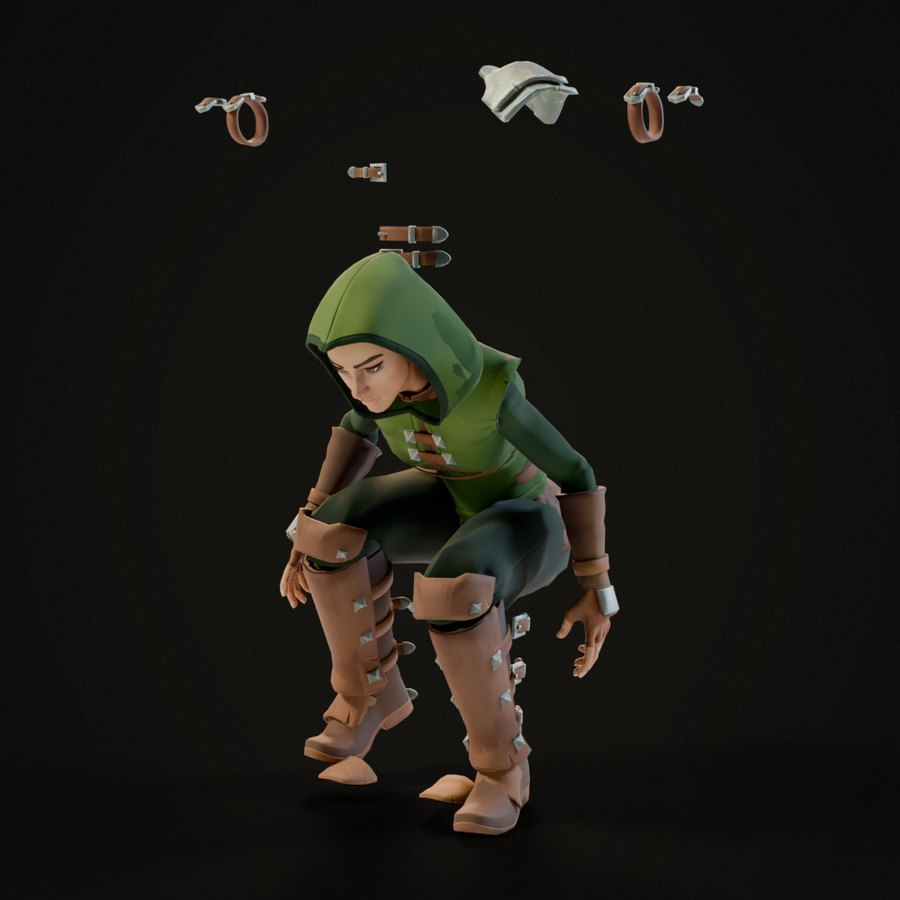 The ranger sneaking forward, crouched, with Blender's automatic weights: buckles, bracers and her pauldron float above her, where the T-pose left them
